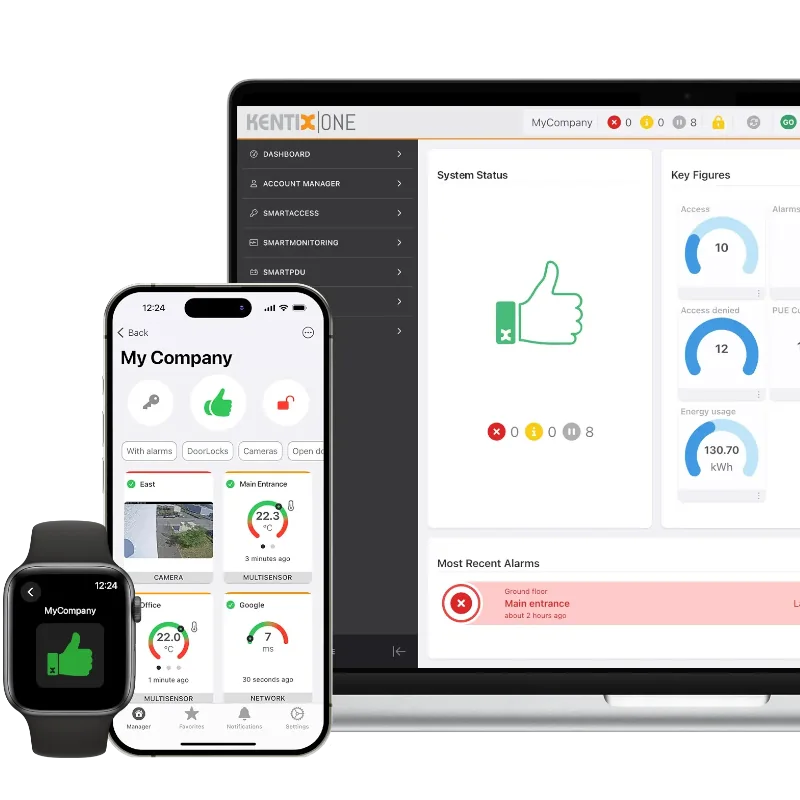 KentixONE auf dem Laptop, Smartphone und Smartwatch